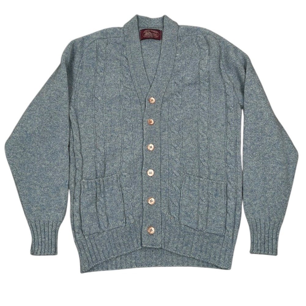 Winter Harbor Cardigan Sweater Mens Small Large Blue Cable Knit Wool Blend USA